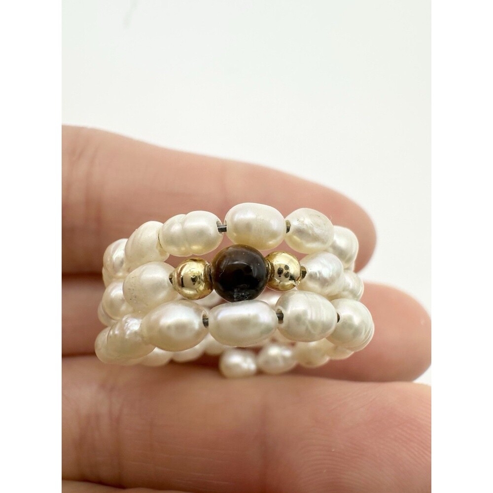 Vintage Freshwater Pearl Tiger’s Eye Gold Bead Ring Size 7.5